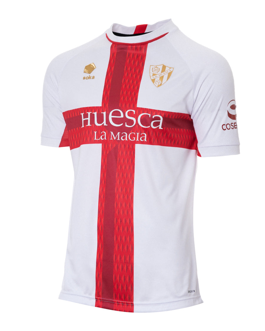 Kids SD Huesca Away Jersey 2023 2024 White Red Gold Metallic